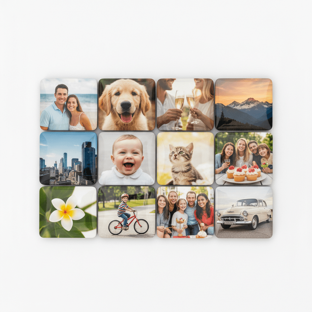 Twelve photo magnets